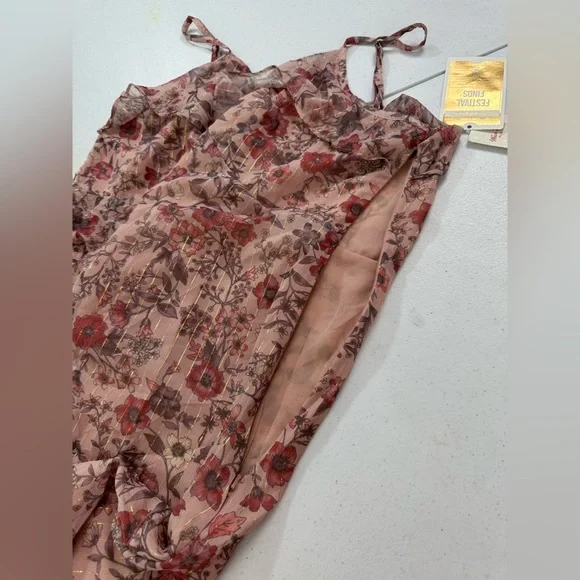 NWT Lucky Brand Women's Ruffled Chiffon Lurex Floral Midi Slip Dress Rose - Picture 12 of 16